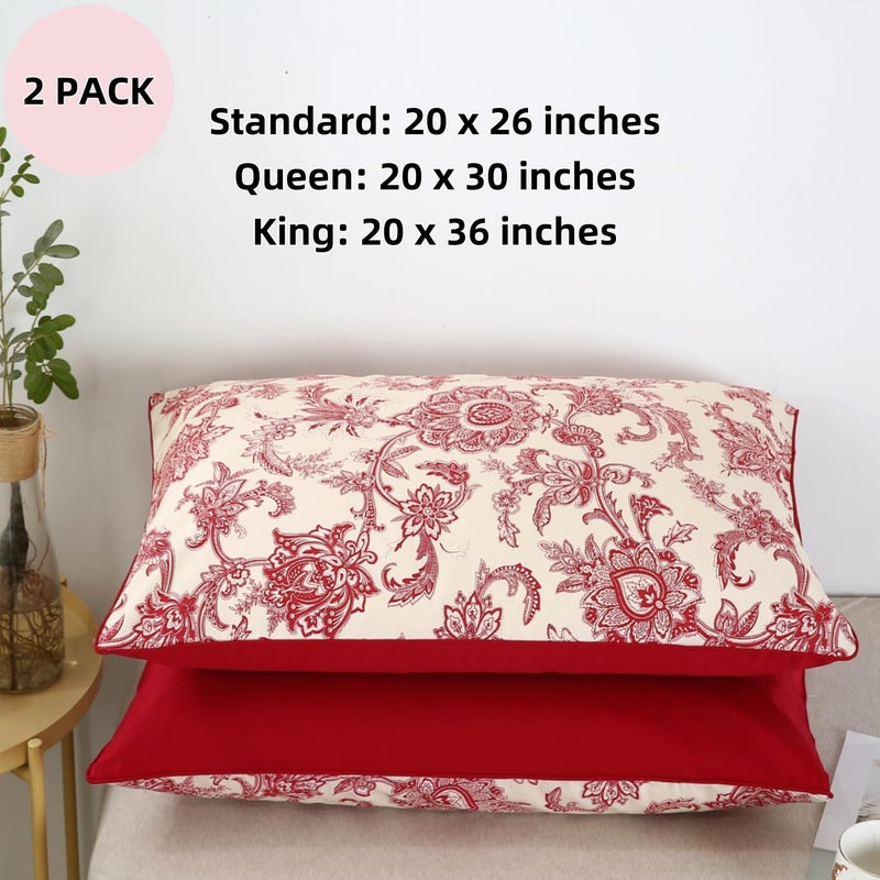 WINLIFE Ultra Soft Set of 2 Pillowcases Floral Printed 100% Cotton Pillow Cases Envelope Closure Queen 20x30'', Vintage Red Paisley - Image 2